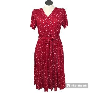 Lark + Grey Midi Dress Women’s Size L Color Red/White Pleated Skirt Polka Dot.